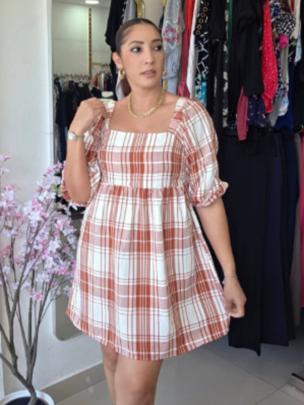 monteau plaid babydoll dress with puff sleeves NWT small